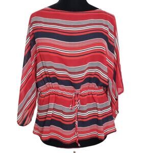 Red White and Blue Striped Top Medium Drawstring Cinched Waist